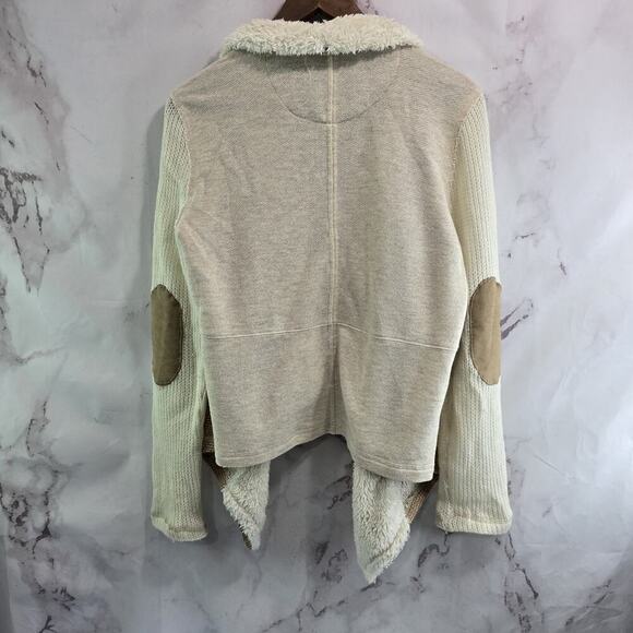 Saturday Sunday Sweater Women Large Cardigan Elbow Pads Brown Sherpa Suede White - Picture 4 of 11